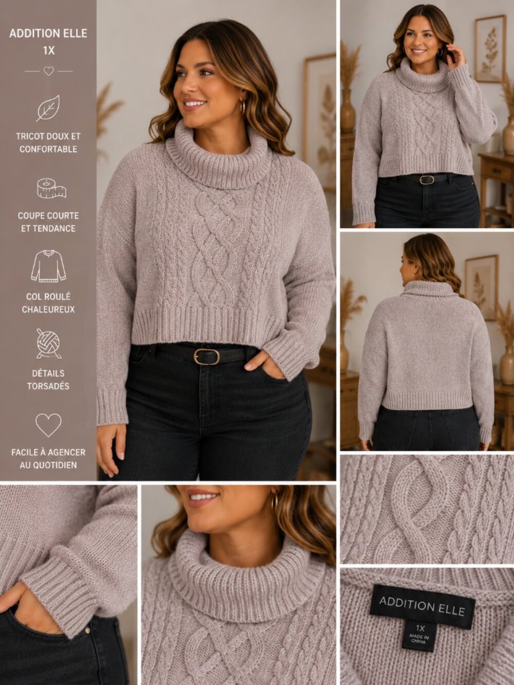 Addition Elle Cable Knit Turtleneck Sweater – Plus Size 1X – Soft Cropped Knit P